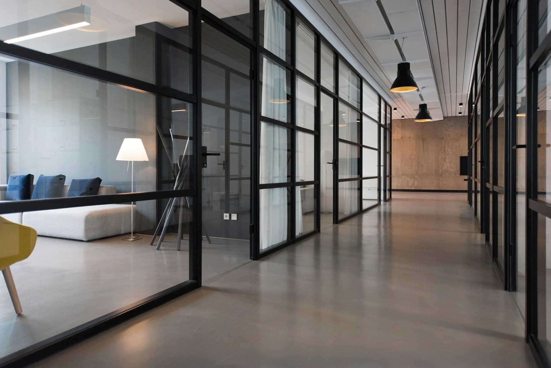 Bright corporate office interior with warm architectural light